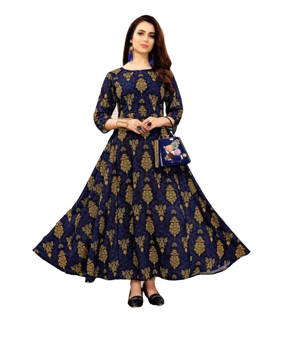 manan women's long printed rayon party wear kurti, blue