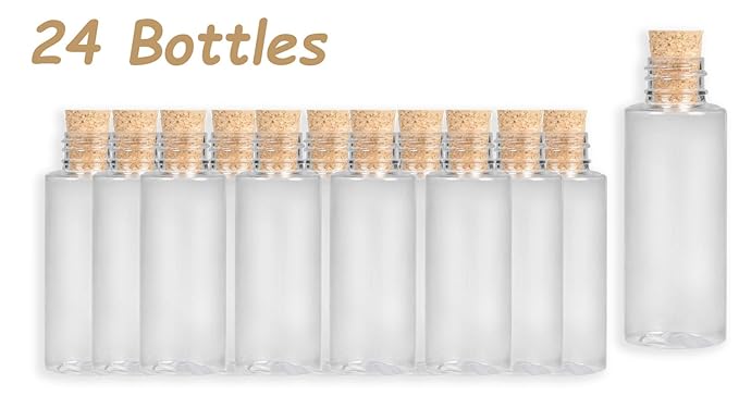 Small Plastic Sand Bottles with Cork, 2 oz, Arts and Crafts Jars, 3 inches Pack of 24, By 4Es Novelty