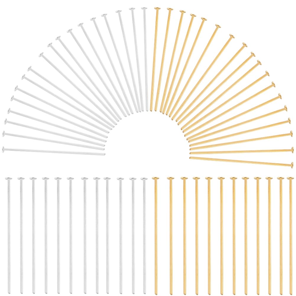 SOFPLATE 1 Box 600Pcs Gold Silver Jewellery Earring Pins Flat Head Pins Bulk Brass Long Straight Headpin Findings for Jewellery Making Accessories Supplies DIY Crafts Earrings Bracelets