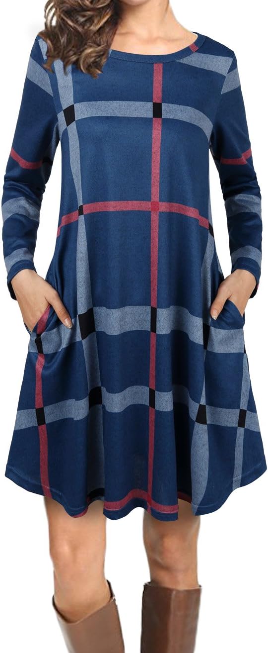 FANSIC Women Casual Long Sleeve Loose Checkered Plaid Swing Tunic T-Shirt Dress with Pocket