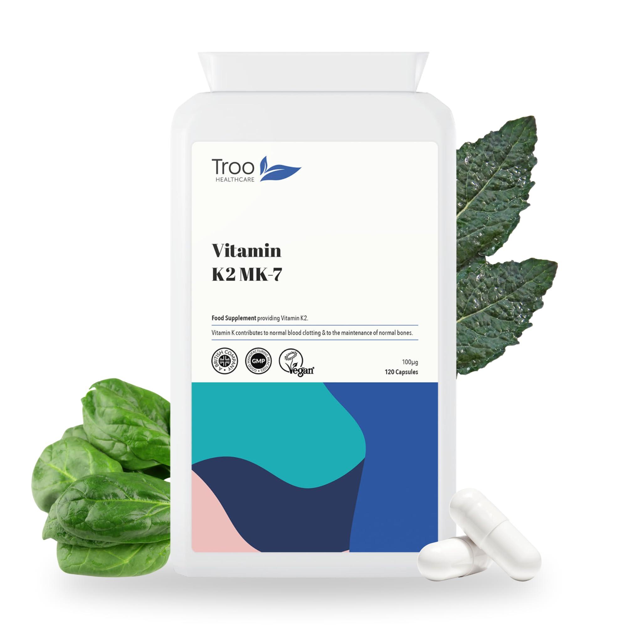 Troo Health Care Troo Vitamin K2 MK-7 100mcg 120 Capsules - Highly Bioactive VIT K2 Bone Support Supplement Using MK7 - Easy Swallow - Suitable for Vegans - 4 Month Supply