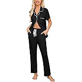 Anjue Pajamas for Women Soft Button Up Pajama Set Short Sleeve Shirt and Long Pants Lounge Sets S-XXL