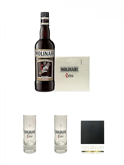Molinari Caffe Sambuca 0,7 Liter + 50 Molinari Servietten + Molinari Sambuca Shotglass 4cl hoch + Molinari Sambuca Shotglass 