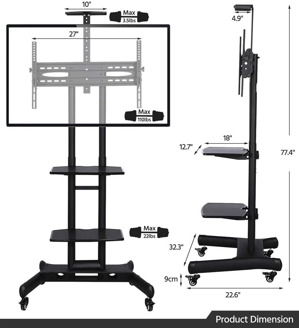 Yaheetech Adjustable Mobile TV Stand with Storage Shelves and Heavy Duty Base Stand Rolling TV Carts on Wheels for 32 to 65 inch LCD LED Plasma Flat Screen Panel up to 110 Lbs Black : Office Products