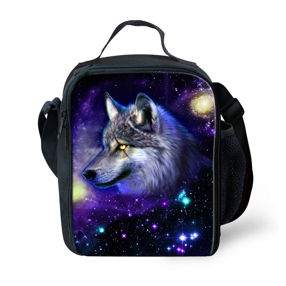 Amzbeauty Kids Back to School Lunch Bag Polyester Durable Insulated Reusable Lunch Box Bag Animal 3D Pattern(Purple Wolf)