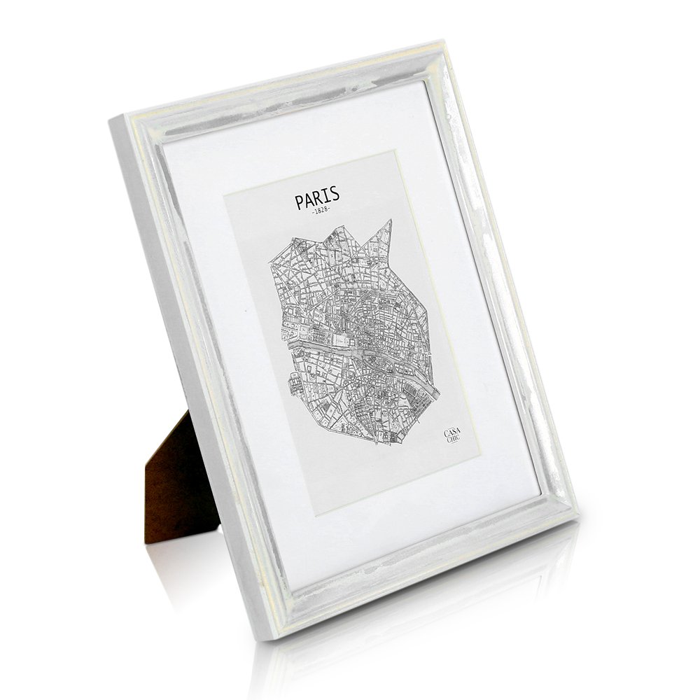 Antic by Casa Chic Solid Wood Shabby Chic Photo Frame 10x8 inch Frame Glass Front With Picture Mount for 5x7 inch Photo 1 Frame 2 Centimetre Edge Width Silver and White