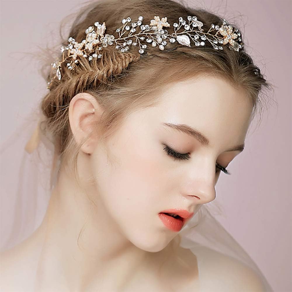 Deniferymakeup Bridal Rose Gold Pearl and Crystal Beads Flower Leaf Bridal Hair Vine Wedding Head Piece Rhinestone Hair Piece Bridal Hair Accessories Headband Hair Jewelry Hair Accessories - Image 3