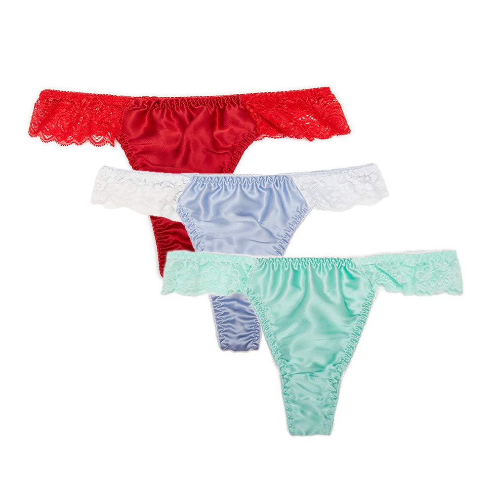 3 Pack Women’s Lace 100% Pure Silk G String Thongs Fine Satin Fabric ...