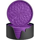 ME.FAN Silicone Coasters with Holder,[6 Pack] Drinking Coasters - Cup Mat for Hot or Cold Drinks, Thickened, Non-Slip, Non-stick,Deep Tray Dark Purple