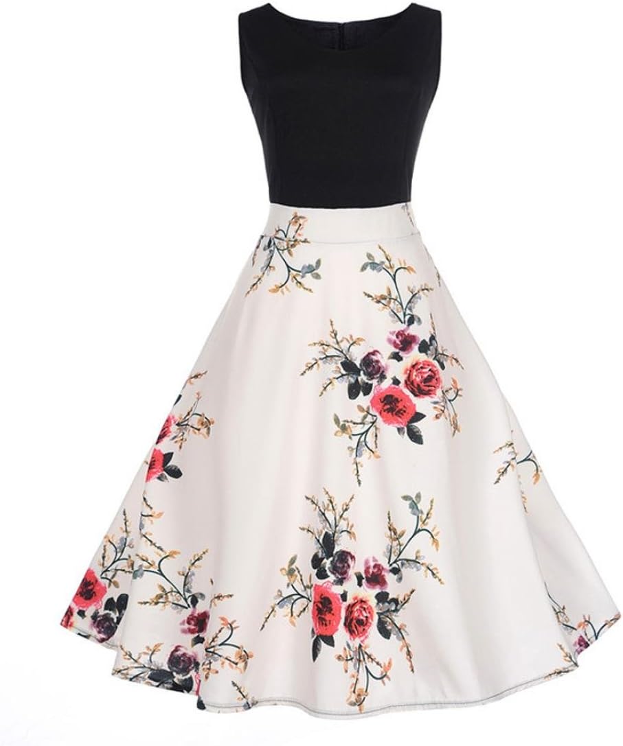 Fanteecy Womens Vintage 1950s Floral Spring Garden Rockabilly Boatneck Fit and Flare Swing Dress Sleeveless Tea Dress