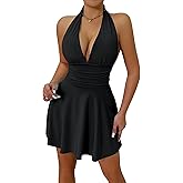 FEOYA Womens Sexy Halter Dress Deep V Backless Flowy Adjustable Tie Neck White Dress Ruffle Hem Club Party Mini Dresses