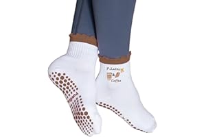 Puedizux Women Cute Pilates Socks Grip Crew Yoga Socks Ruffle Cuff Embroidery Pattern Workout Ballet Socks