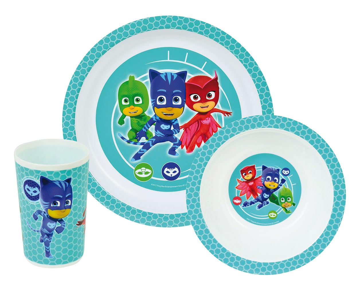 FUN HOUSE 005559 PYJAMASQUES Children's Dinner Set with 1 Plate, 1 Bowl and 1 Glass Polypropylene 26.5 x 8.5 x 24.5 cm White