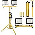 14000Lumen LED Work Lights with Stand - 2 Head Portable Work Light on Stand - IP66 Waterproof Tripod Worklights for Outdoor Indoor Job Site Workshop Garage Construction Site Lighting