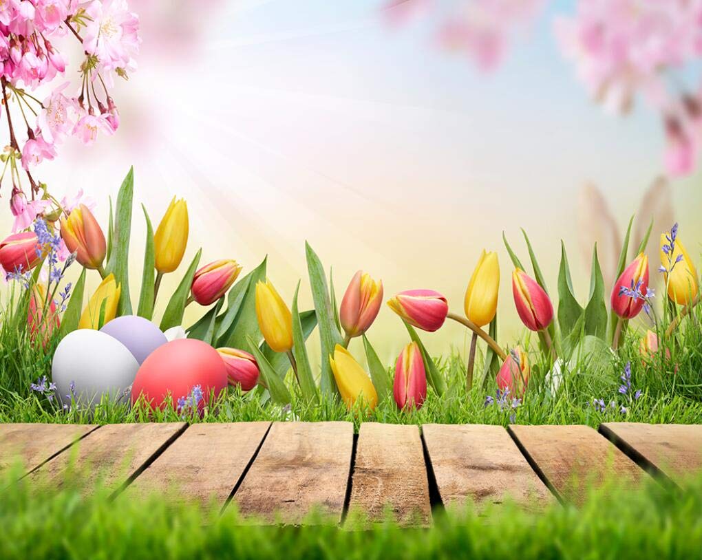 Haosphoto 7X5FT Happy Easter Backdrop for Photography Spring Garden Floral Backdrops Cherry Blossom Wood Floor Green Grass Field Eggs Hunt Background for Kids Easter Party Photo Studio Prop HS336