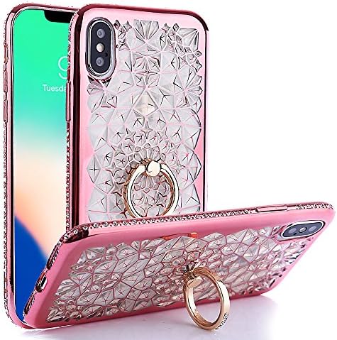 CXCase iPhone XS Case (2018) / iPhone X Case (2017) Case, Chrysalis Series - Ultra Slim Luxury Bling Rhinestone Case Cover with 360 Rotating Ring Grip/Stand Holder/Kickstand - Rose Gold