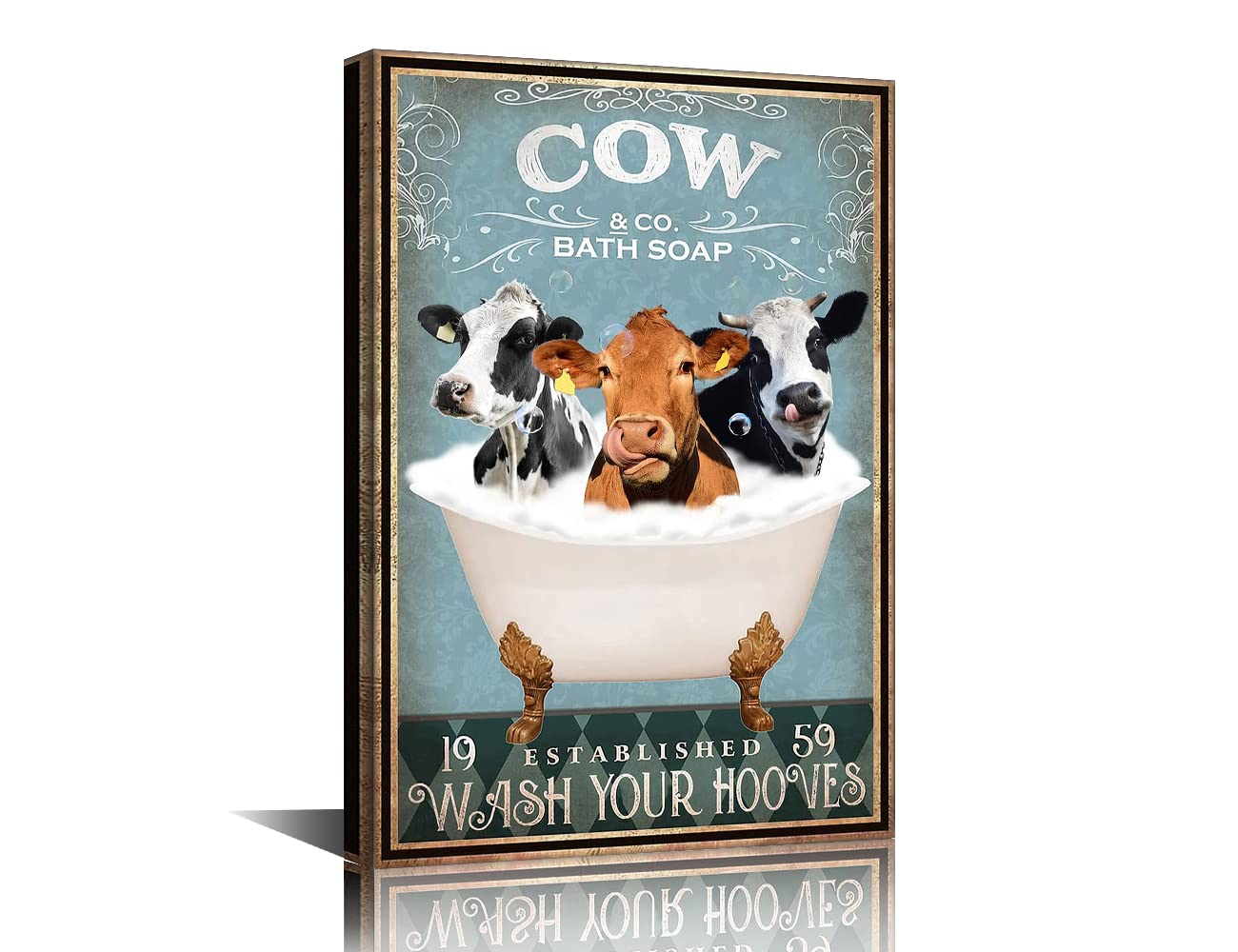 Funny Canvas Framed Farm Cow Poster Wall Art Retro Bathtub Decor Vintage Cow Accessories Home Bathroom farmhouse Wall Decoration - 18" Wx12 H