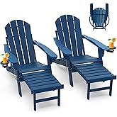 GREENVINES Adirondack-Chairs-with-Ottoman | Set of 2 | Folding | Retractable-Footrest | HDPE Plastic | All Weather Fire Pit Chair | Cup Holders | Blue | for Outdoor Poolside