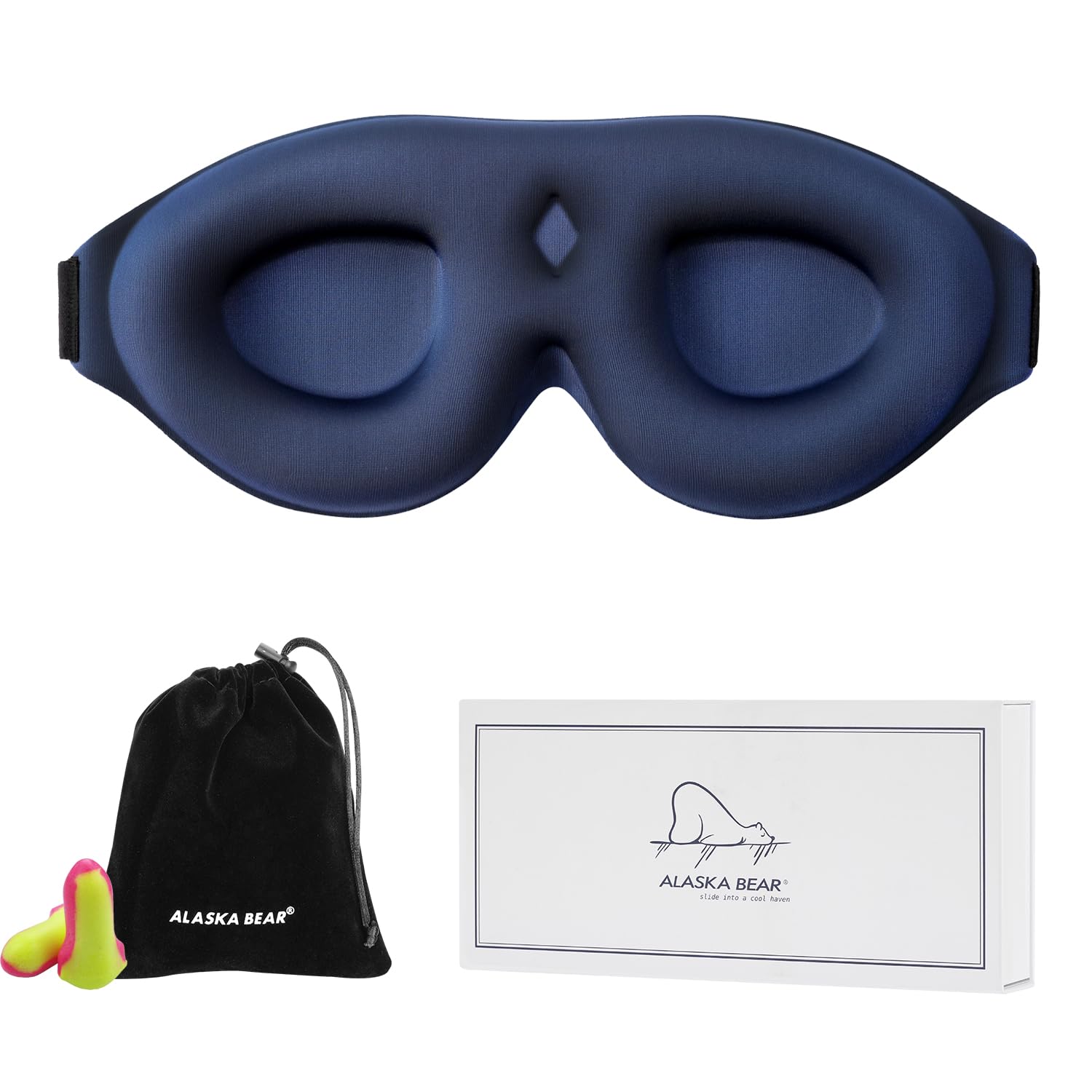 Photo 1 of ALASKA BEAR 100% Blackout Sleep Mask Most Comfortable Contoured Eye Cups and Nose Covering for Women Men, 3D Pillowy Soft Light Blocking Eye Mask 0 Pressure on Eyelids & Eyelashes, Earplugs Set, Blue