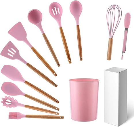 Amazon キッチン用品セットシリコン調理器具 12個耐熱木製ハンドルキッチン用品セットホルダースパチュラトング泡立て器 ピンク ツールセット オンライン通販