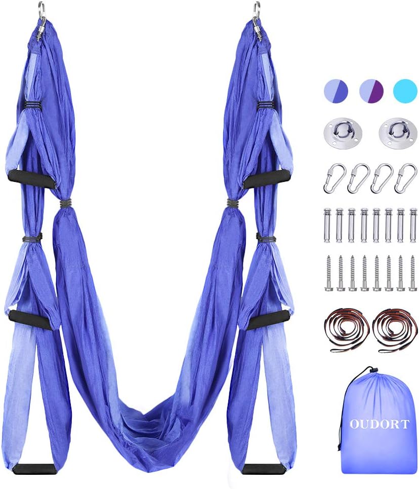 Oudort Aerial Yoga Swing Set, Yoga Hammock Flying Trapeze Yoga Kit Aerial Yoga Hammock Sling Inversion Tool with 2 Extension Straps for Home Gym Fitness, Mounting Accessories Included