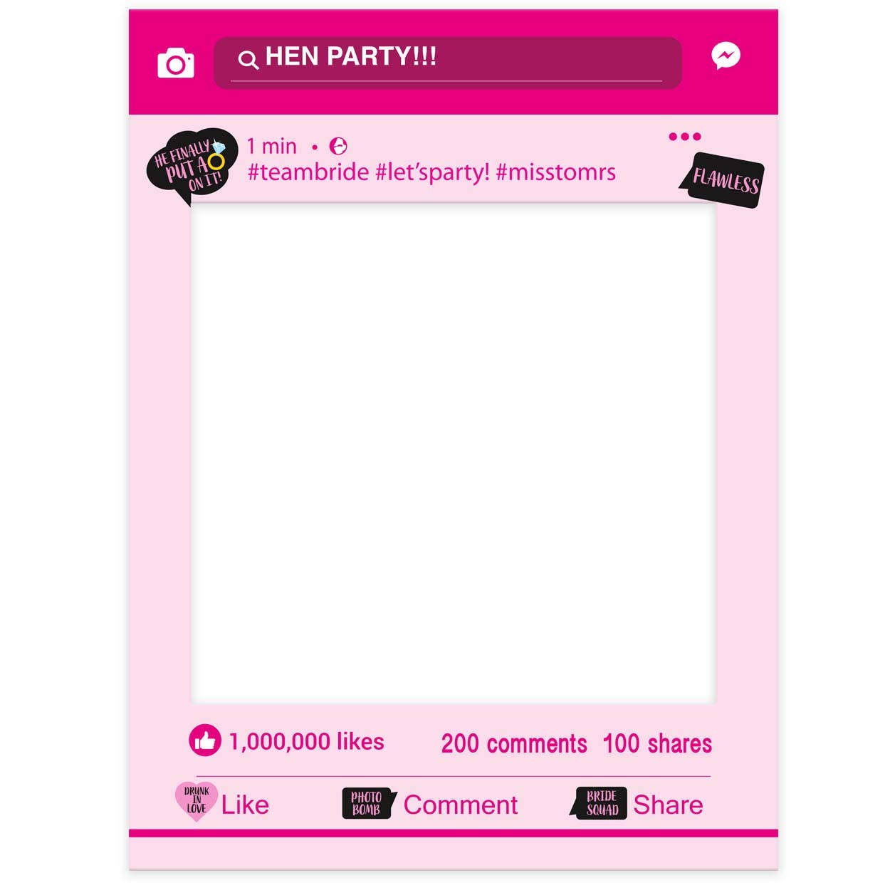 Paper Themes Hen Do Selfie Frame for Selfies and Decorations at Hen Parties, Weddings and Birthdays for Posts on Instagram or Facebook, 535x710mm, Rigid Corex Board - Facebook