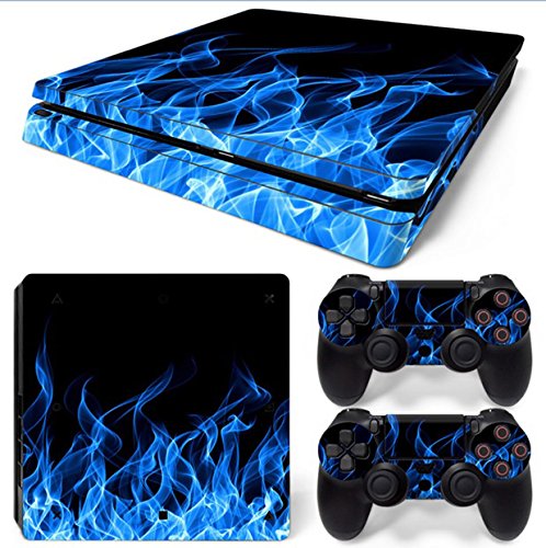 Vinyl Decal Protective Skin Cover Sticker for PS4 Slim Console & Controller (NOT for PS4 or PS4 Pro) - Blue Flame