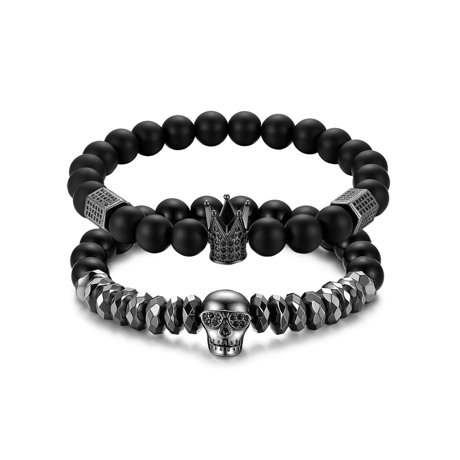 Cupimatch 2 PCS 8mm CZ Beads Stretch Bracelet, Black Matte Agate Stone Crown King Charm Skull Link Bracelet for Men