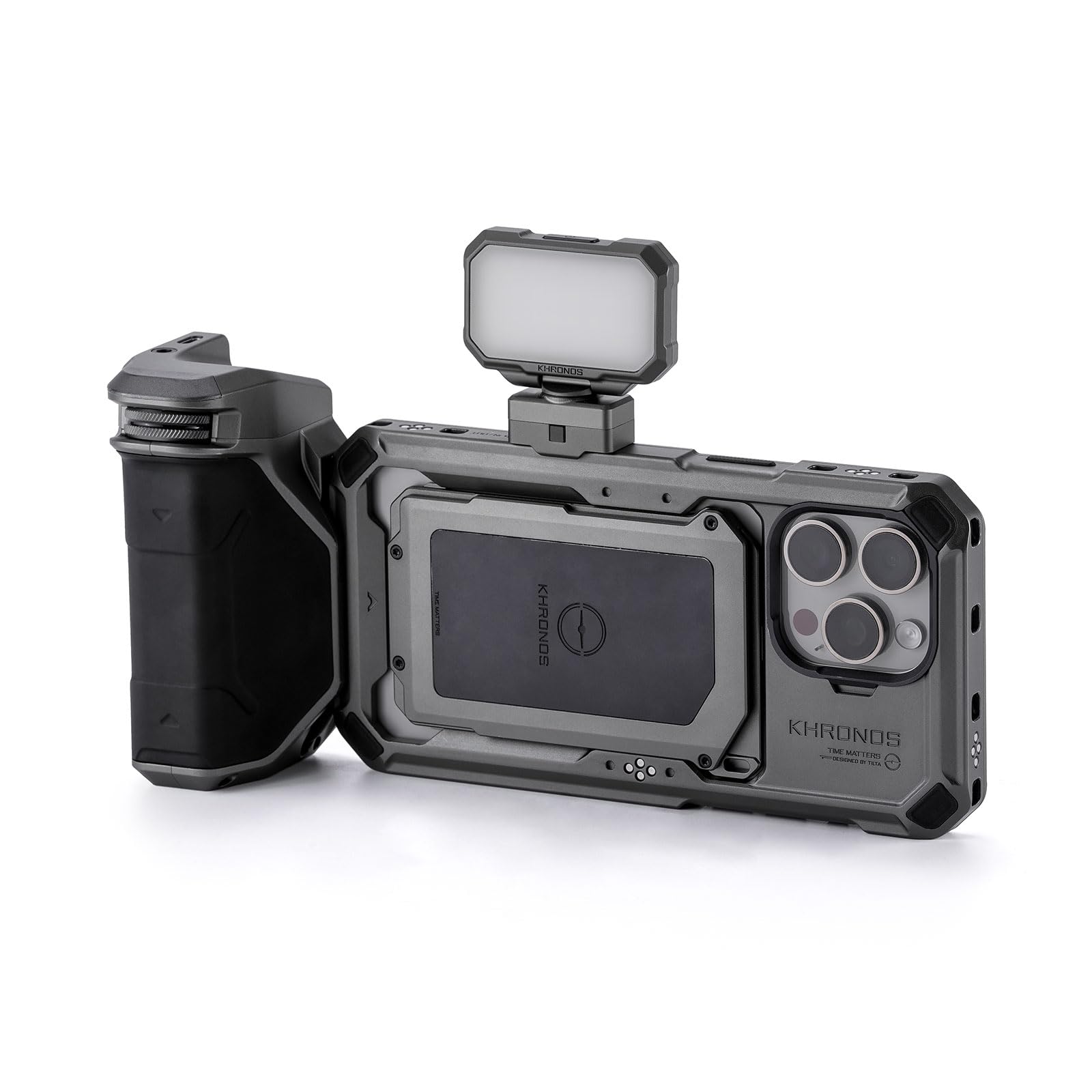 TILTA Khronos Phone Cage for iPhone 15 Pro Max with Mini LED Panel and Focus PD Handle, Mobile Video Rig, Smartphone Case Stabilizer Basic Kit – Space Gray TK-IP15-PMB-SG