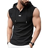 VIPWOLF Men's Drawstring Hooded Tank Tops Quarter Button Sleeveless Gym Workout Muscle Shirts