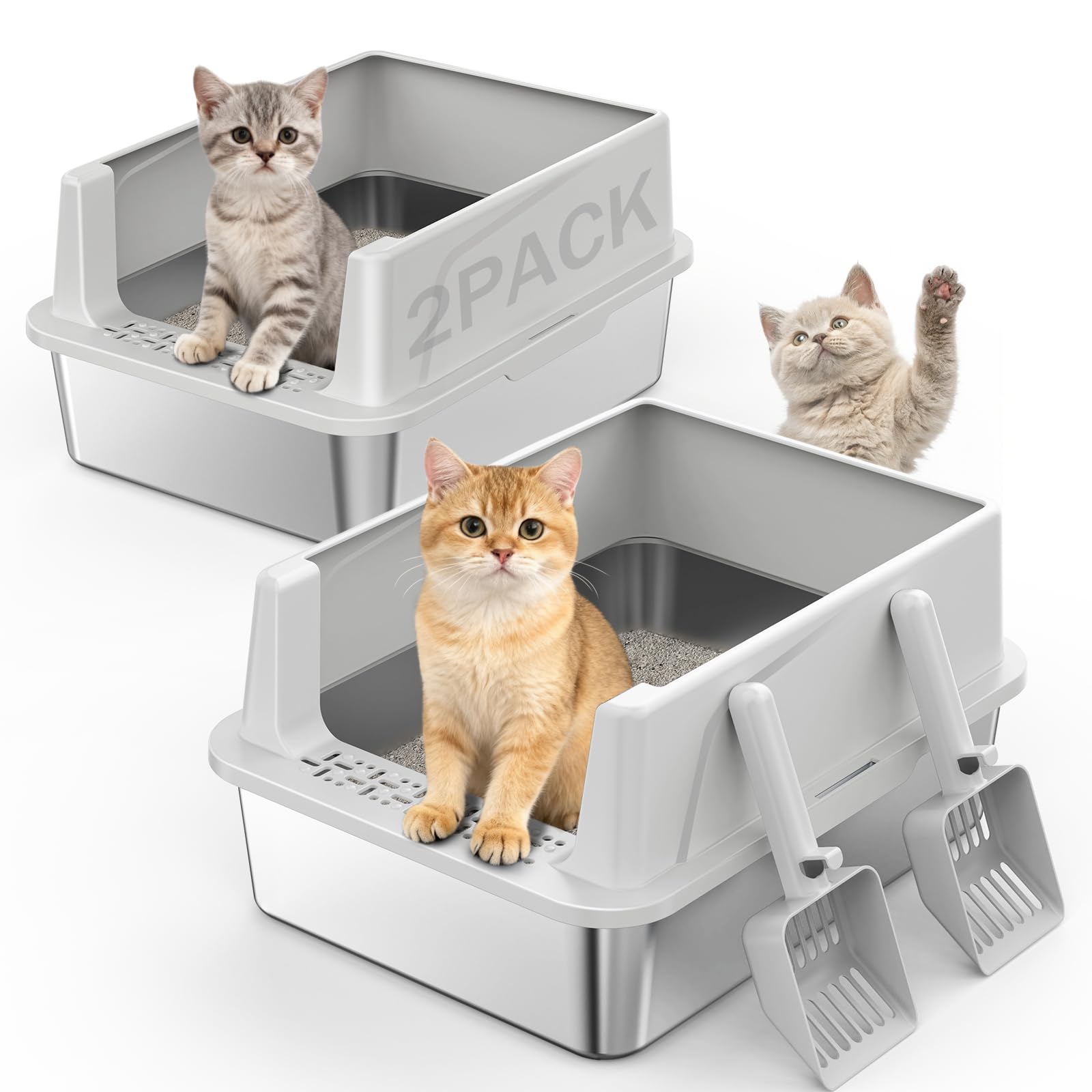 Photo 1 of 2PACK Stainless Steel Cat Litter Box with Lid, High-Sided Metal Litter Pan for Small Cats, Kitty Litter Box, Non-Stick & Odor-Resistant, Anti-Urine Leakage, Easy to Clean, Scoop Included
