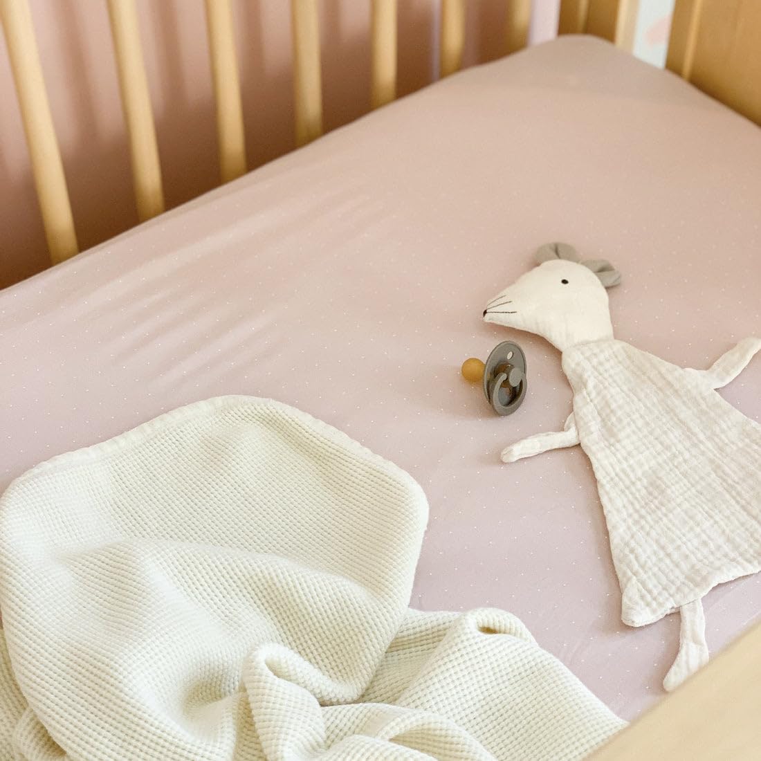 Ely’s & Co. Crib Sheet 2-Pack — Combed, 100% Jersey Cotton for Baby Girl — Rosewater Pink, Pin Dots & Gingko Leaves 52” x 28”