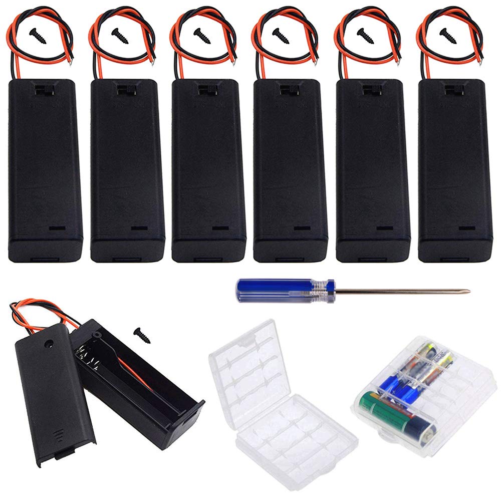 GTIWUNG 7Pcs Single AA Battery Holder with Switch and Cover, Battery Holder Case Box with Wires,Black Plastic Batteries Case with Pin,1X1.5V AA Battery Holder with Leads,2Pcs Cell Battery Storage Case