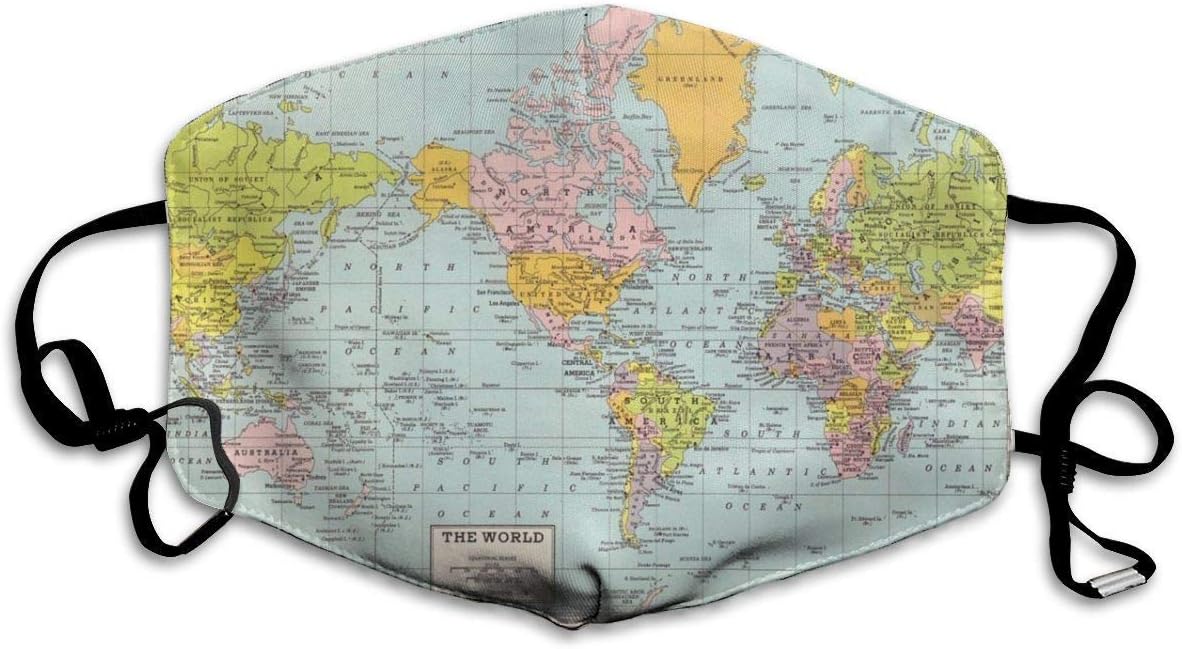 Unisex Breathable Vintage World Map Mouth Mask, Adjustable Earloop Safety Anti Dust Pollution Face Mask For Running Cycling Travel Skiing Hospital