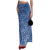 BEAUDRM Women's Y2K Leopard Print Skirts Ruched Side Slit Maxi Skirt Mesh Sheer High Waisted Long Skirt Cheetah Bodycon Skirt
