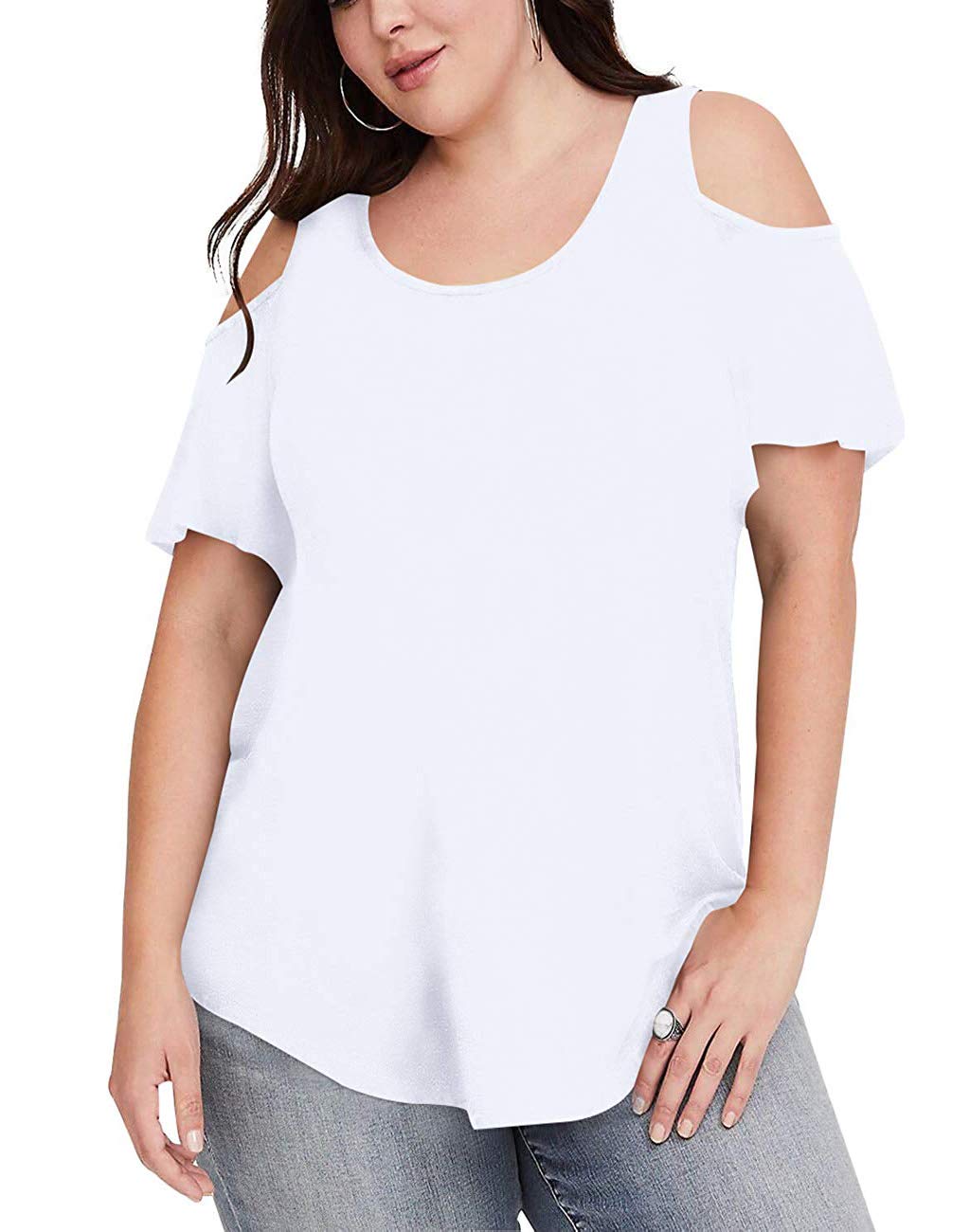 Womens Plus Size Tops Short Sleeve V Neck Cold Shoulder T Shirts for Teens Ladies White