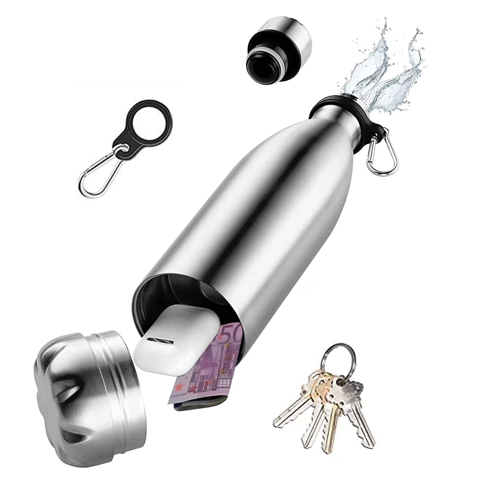 Domemit Diversion Safe Water Bottle Stainless Steel Stash Can, Portable Beach Travel Safe for Valuables with Hidden Compartment, Leak Proof Insulated Bottle for Hot and Cold Drinks, Sliver, 730ml