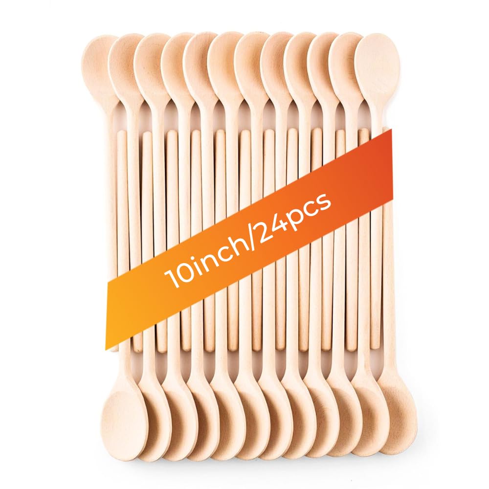 Mr.Woodware 25 cm Wooden Spoons for Cooking - Set of 24 Long Handle Wooden Spoon for Mixing, Stirring, Tasting - Kitchen Wooden Utensils for Cooking and Crafts, Personalized Engraved Wood Burning