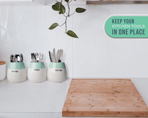 COMFIFY CERAMIC HONEYPOT CUTLERY HOLDER – SET OF 3 – SAGE GREEN AND WHITE FARMHOUSE SILVERWARE CADDY FOR KITCHEN COUNTERTOP – SPOON, FORK & KNIFE ORGANIZER FOR PARTIES – RUSTIC CERAMIC