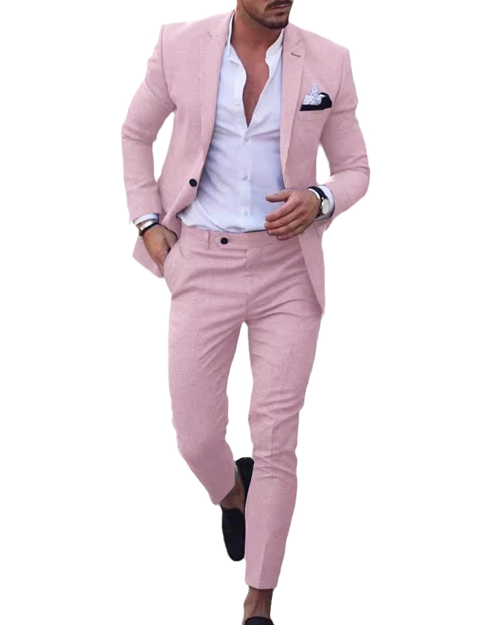 Photo 1 of UNINUKOO Mens 2 Piece Suit Linen Summer Top Blazer Pants Sets Beach Wedding Wear Vacation Prom Suits for Men US Size XL Light Pink