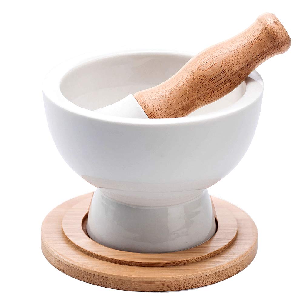Porcelain Mortar and Pestle – Pill Crusher,Spice Grinder,Herb Bowl,Pesto Powder – Gift Ideal – with Anti-Slip Base and Grip – Molcajete for Seasoning,Paste and Guacamole.