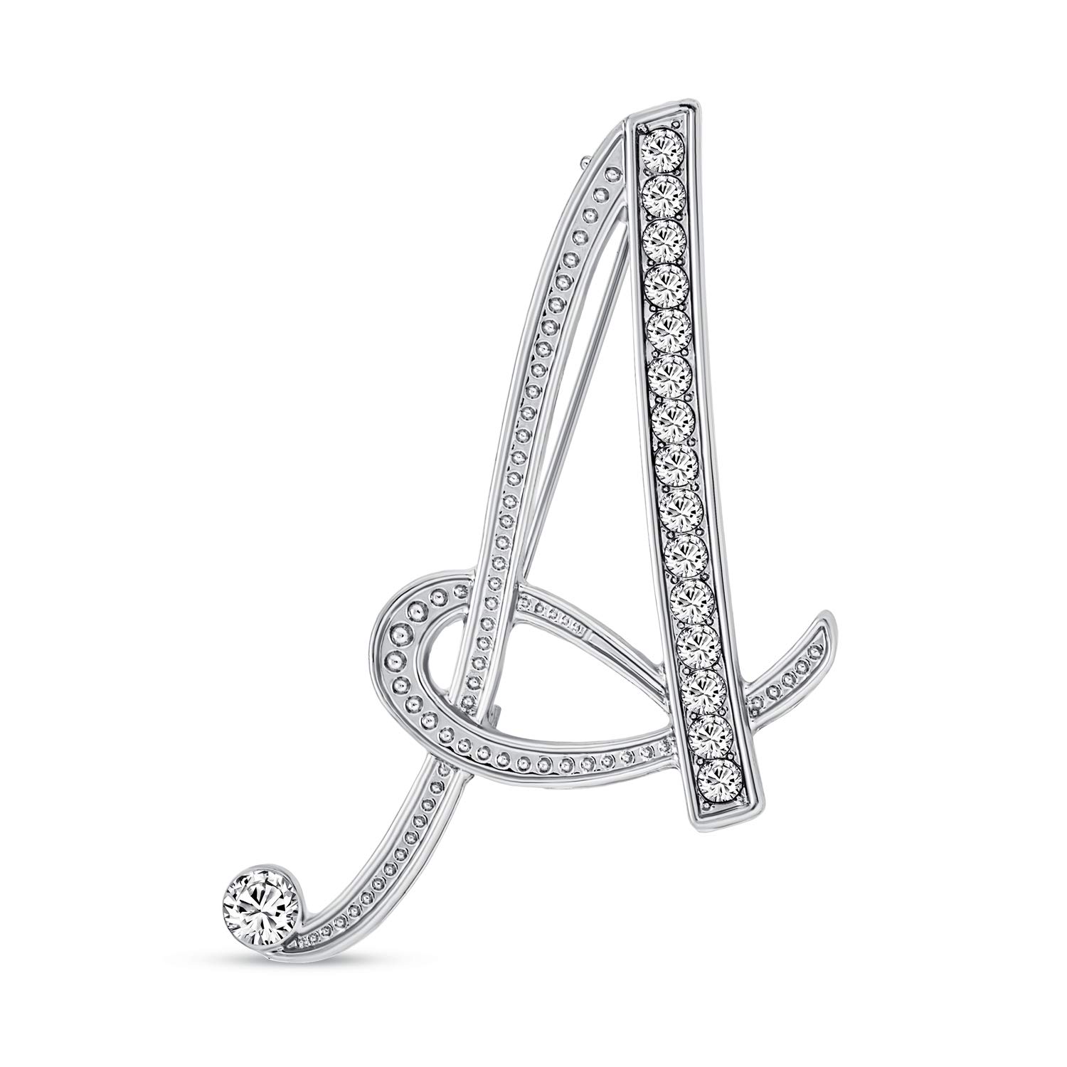 Large Statement ABC Pave Crystal Cursive Script Monogram Letters Alphabet Initial A Scarf Lapel Pin Brooch For Women Silver Plated