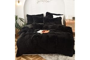 MorroMorn 5 PCS Shaggy Duvet Cover Bedding Set - Fluffy Comforter Cover Long Faux Fur Luxury Ultra Soft Cozy (Black, Full/Queen)