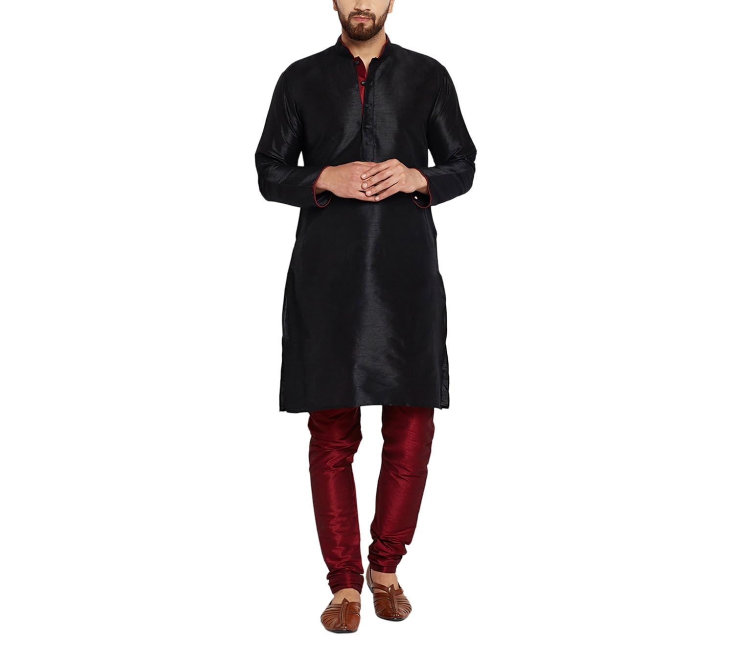 sojanya (since 1958) men's dupion silk kurta & churidaar pyjama with contrast detailing