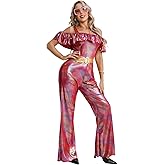 ROC PARTY 70s Disco Jumpsuit for Women - Retro Holographic Funky Dance Costume with Accessories for Halloween & Themed Party