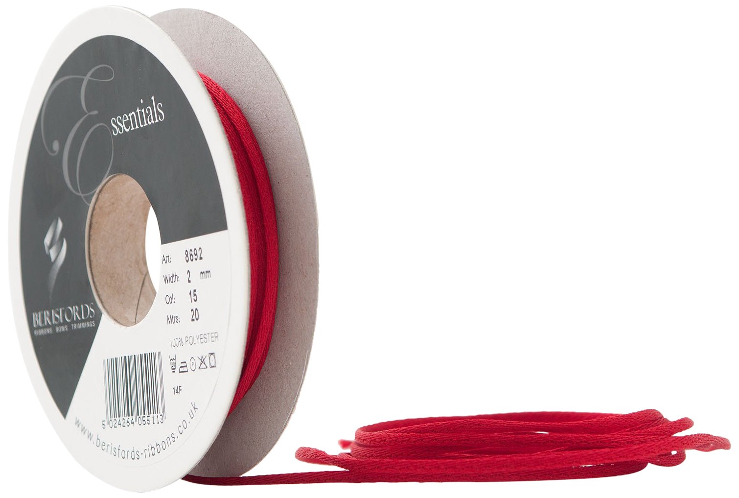 Berisfords Rope, Red : Scarlet, 2 mm Width, 20 metre Length