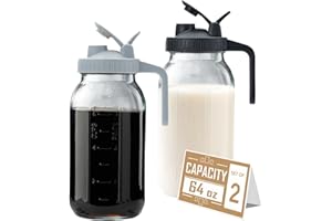 AOEJARRY 64oz Glass Pitcher with Lid - 2 Quart Mason Jar Pitcher with Spout, Leak-proof Milk Container for Refrigerator, Easy to Clean Wide Mouth Water Jug, Juice, Tea, Iced Coffee, Beverage and Drinks