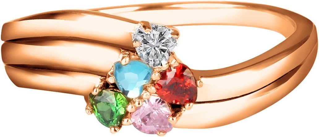 Quiges 925 Sterling Silver Mothers Birthstone Custom Personalised Engraved Name 5 Hearts Bands Ring