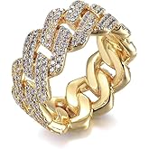 Gixaxak Personalized Fashion Cuban Link Chain Ring 18K Gold Plated Bling CZ Simulated Diamond Hip Hop Ring for Men Women 10