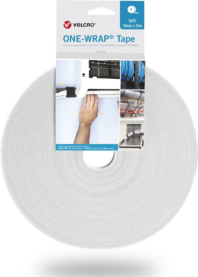Velcro VEL-OW64126 One Wrap Hook & Loop Tape, White, 16mm x 25000mm